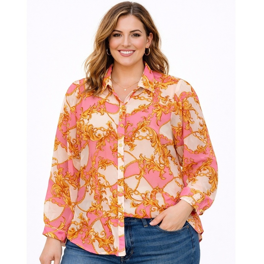 Fresh of LA Womens Top 2X Pink Gold Scroll Chain Print Sheer Feminine Retro 90s